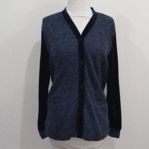 na.mu Blue Wool Blend Cardigan With Velvet Trim, Size L